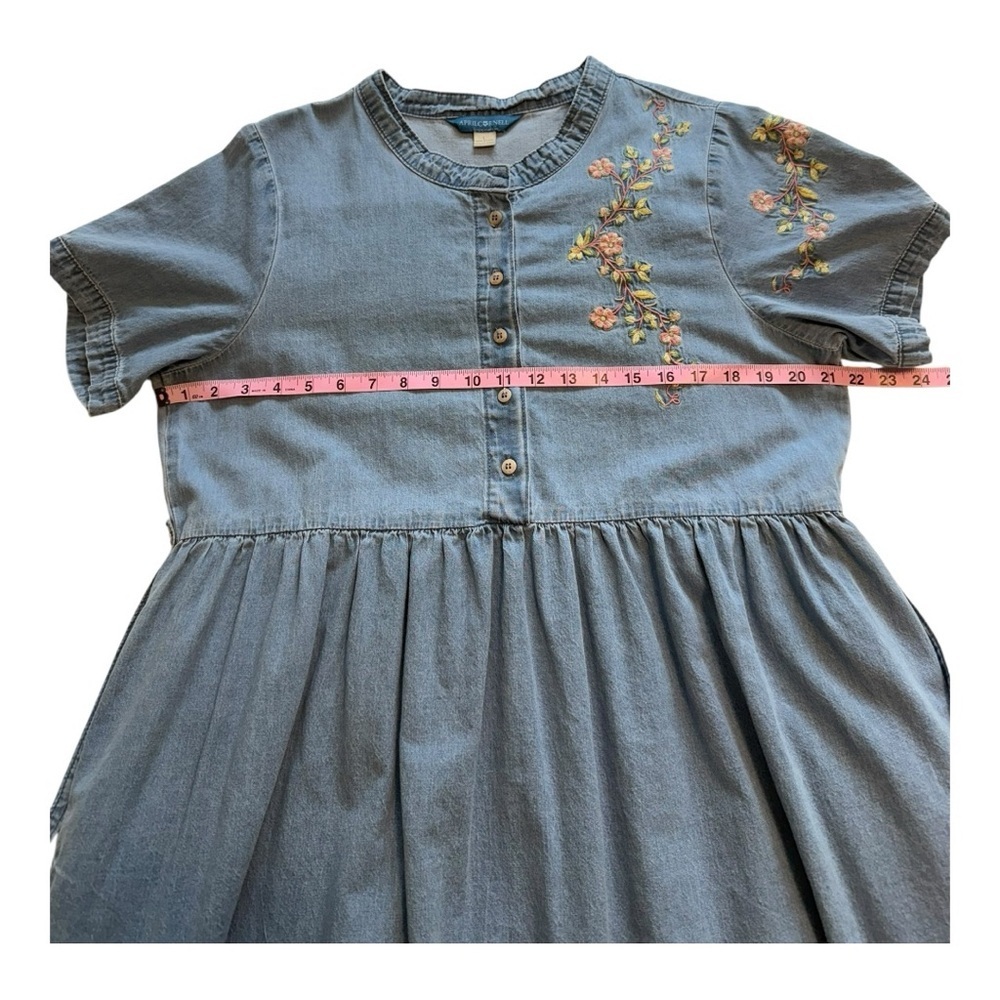 April Cornell Floral Embroidered Denim Midi Dress Cottagecore Light Wash Size L - Picture 11 of 14